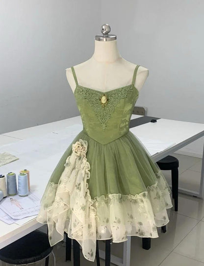Green Spaghetti Strap A-Line Printed Tulle Short Prom Dresses Homecoming Dress HZ1024