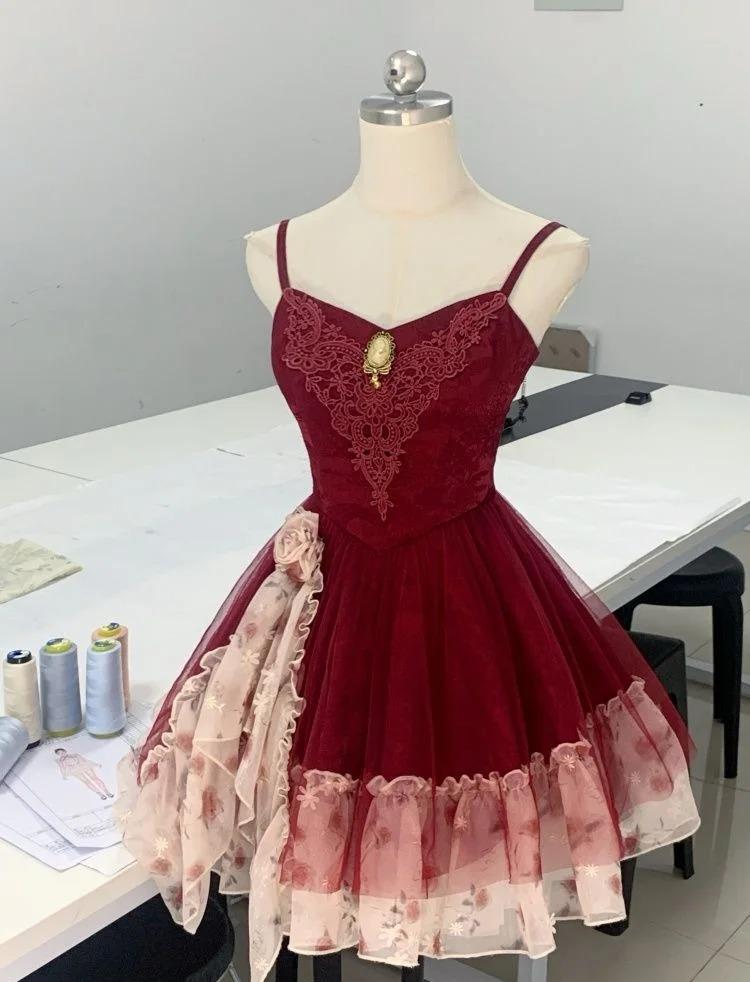 Green Spaghetti Strap A-Line Printed Tulle Short Prom Dresses Homecoming Dress HZ1024