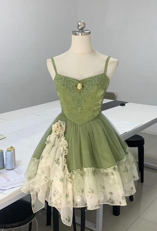 Green Spaghetti Strap A-Line Printed Tulle Short Prom Dresses Homecoming Dress HZ1024