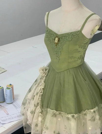 Green Spaghetti Strap A-Line Printed Tulle Short Prom Dresses Homecoming Dress HZ1024