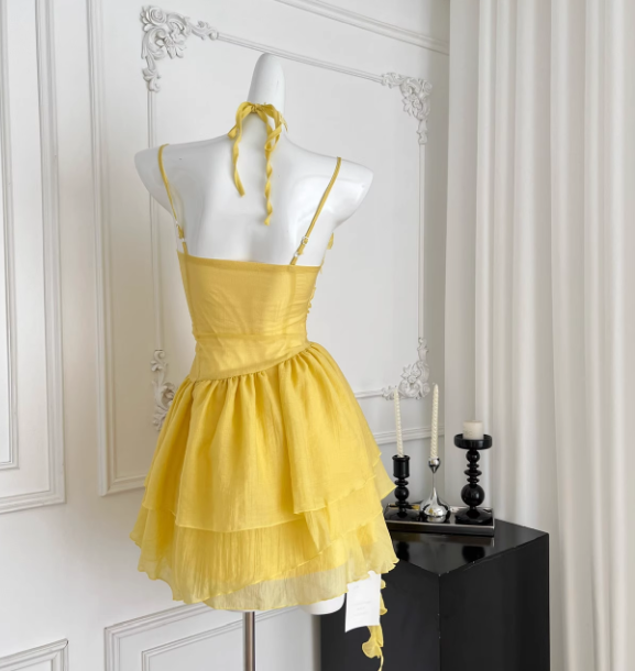 Cute Butter Yellow Spaghetti Straps A-Line Chiffon Short Prom Dresses Homecoming Dress  ED02409