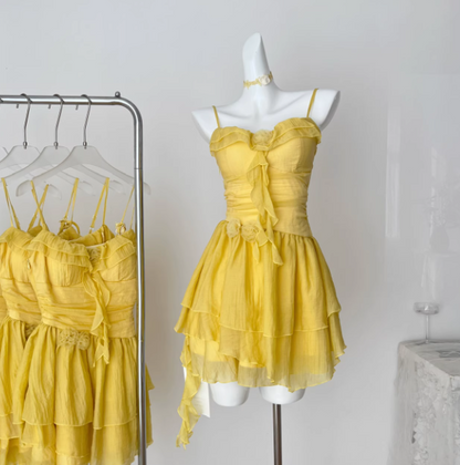 Cute Butter Yellow Spaghetti Straps A-Line Chiffon Short Prom Dresses Homecoming Dress  ED02409