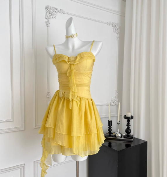 Cute Butter Yellow Spaghetti Straps A-Line Chiffon Short Prom Dresses Homecoming Dress  ED02409