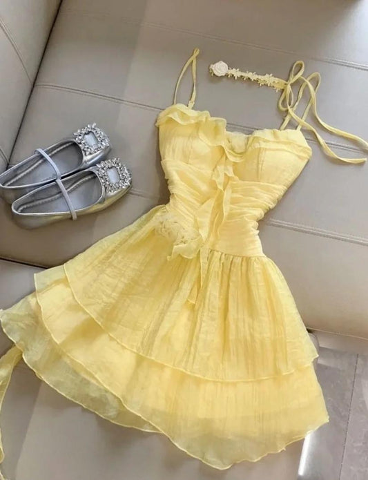 Butter Yellow Spaghetti Straps A-Line Chiffon Short Prom Dresses Homecoming Dress HZ1024