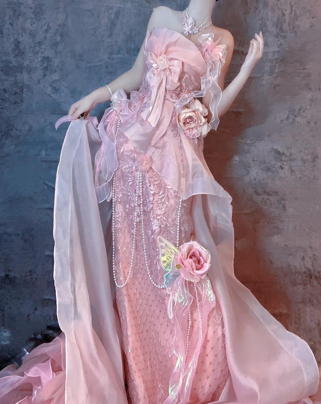 Fairytale Pink Strapless Mermaid Beaded Tulle Long Prom Dresses Formal Evening Gowns with Embroidered Appliques  ED02410
