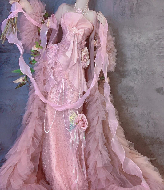 Fairytale Pink Strapless Mermaid Beaded Tulle Long Prom Dresses Formal Evening Gowns with Embroidered Appliques  ED02410