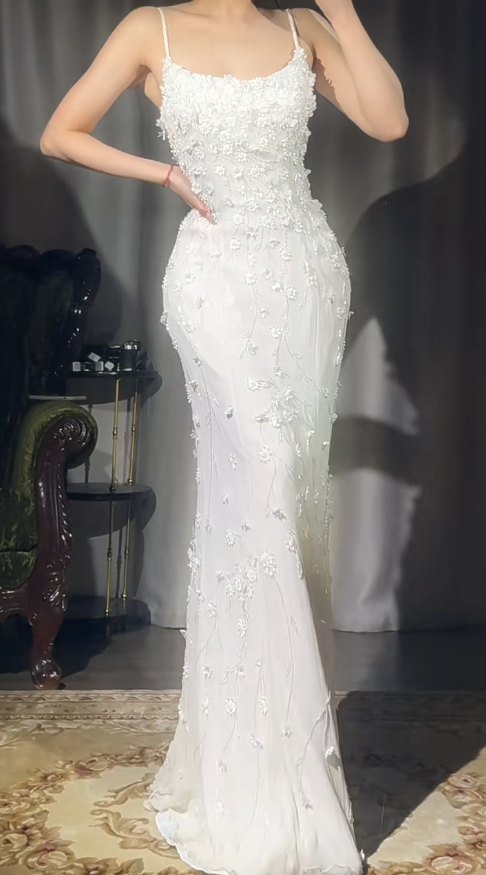 Vintage White Spaghetti Straps Mermaid Chiffon Beaded Long Prom Dresses Formal Evening Gowns ED02415