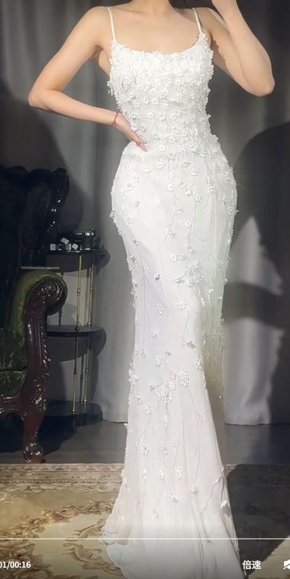 Vintage White Spaghetti Straps Mermaid Chiffon Beaded Long Prom Dresses Formal Evening Gowns ED02415