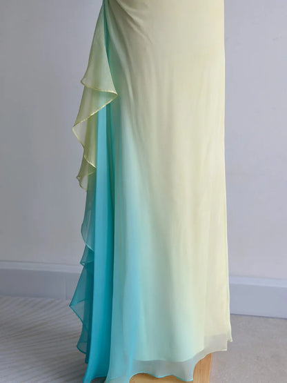 Fairytale Butter Yellow Spaghetti Strap Sheath Chiffon Prom Dresses Vintage Evening Gowns ED02416