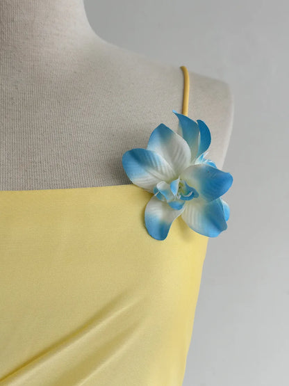 Fairytale Butter Yellow Spaghetti Strap Sheath Chiffon Prom Dresses Vintage Evening Gowns ED02416