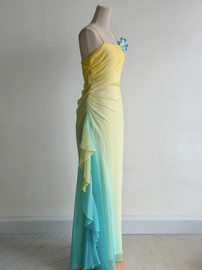 Fairytale Butter Yellow Spaghetti Strap Sheath Chiffon Prom Dresses Vintage Evening Gowns ED02416