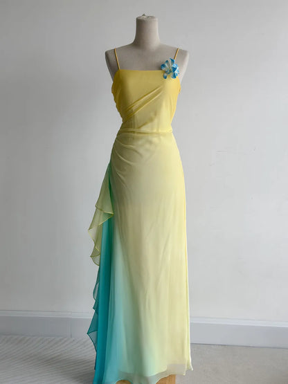 Fairytale Butter Yellow Spaghetti Strap Sheath Chiffon Prom Dresses Vintage Evening Gowns ED02416