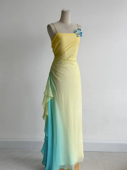 Fairytale Butter Yellow Spaghetti Strap Sheath Chiffon Prom Dresses Vintage Evening Gowns ED02416
