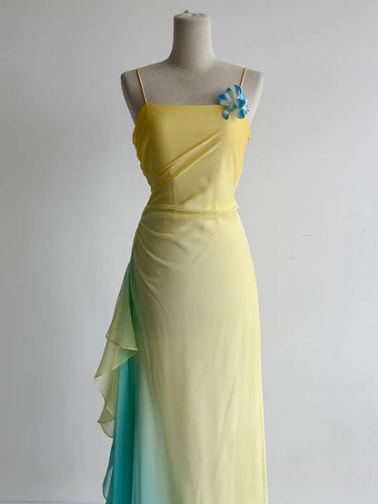 Fairytale Butter Yellow Spaghetti Strap Sheath Chiffon Prom Dresses Vintage Evening Gowns ED02416