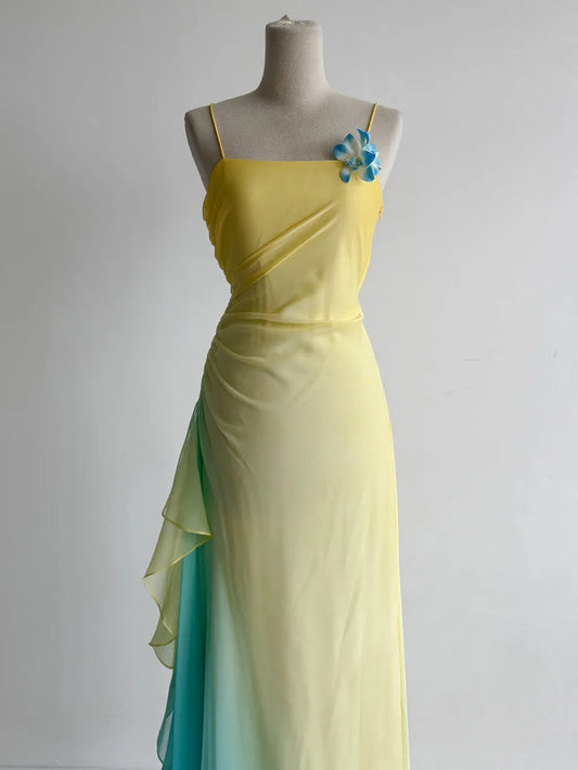 Fairytale Butter Yellow Spaghetti Strap Sheath Chiffon Prom Dresses Vintage Evening Gowns ED02416