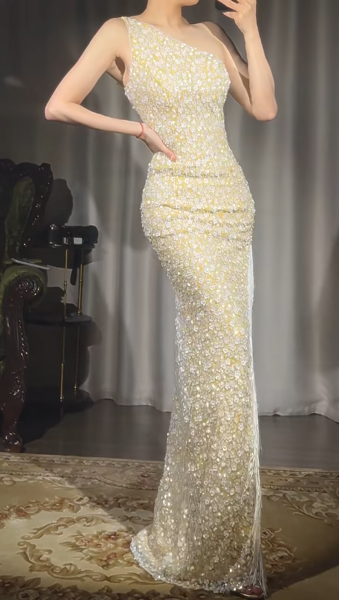 Elegant Yellow One Shoulder Sheath Sequin Beaded Long Prom Dresses Evening Gowns with Slits ED02417