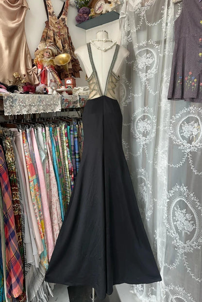 Black Scoop Sheath Chiffon Long Prom Dresses Backless Formal Evening Gowns HZ1024