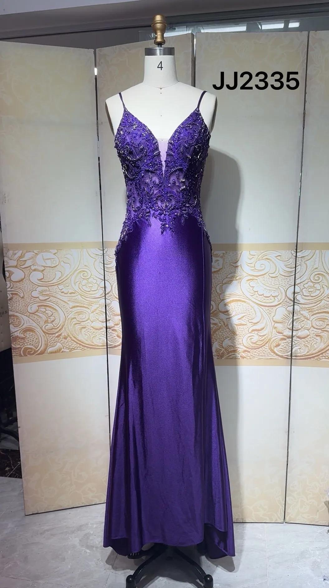 Stunning Purple Spaghetti Straps Mermaid Satin Long Prom Dresses Formal Evening Gowns with Appliques ED02421