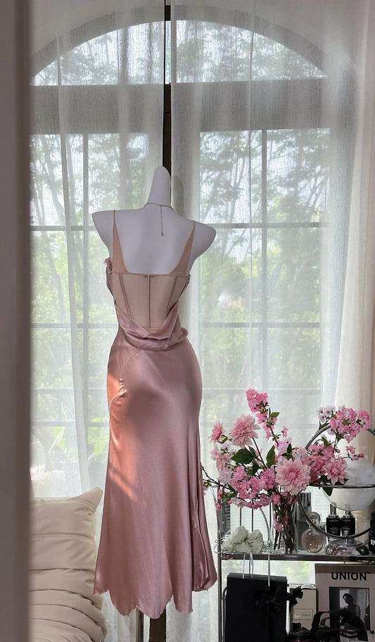 Blush Pink Spaghetti Straps Party Dress Sheath Satin Prom Dresses HZ1024