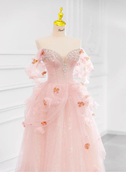 Pink Off-the-shoulder A-Line Tulle Wedding Dress HZ1024