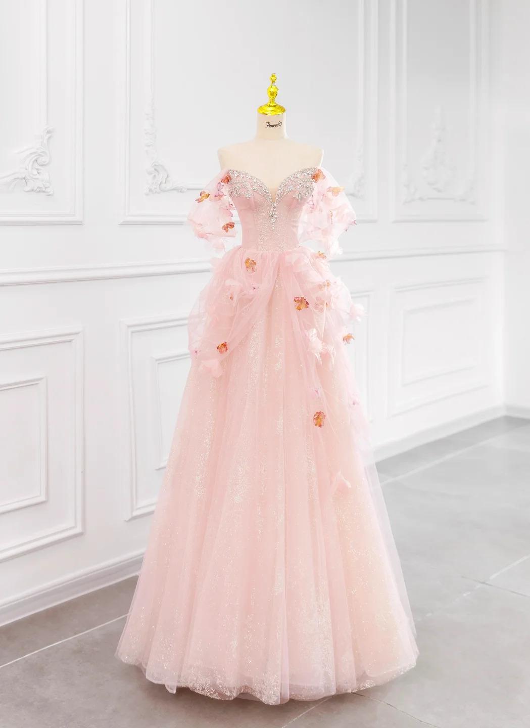 Pink Off-the-shoulder A-Line Tulle Wedding Dress HZ1024