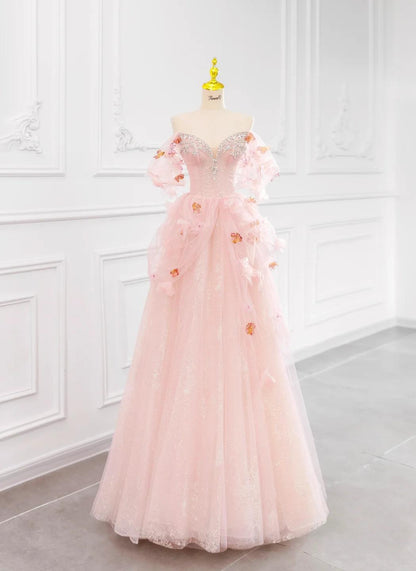 Pink Off-the-shoulder A-Line Tulle Wedding Dress HZ1024
