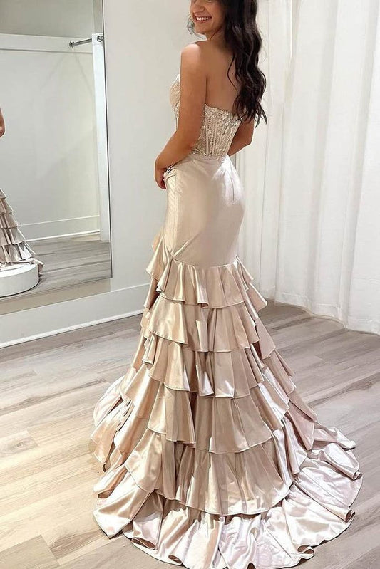 Elegant Fuchsia Strapless Mermaid Satin Beaded Long Prom Dresses Formal Evening Dresses With Slits ED02424