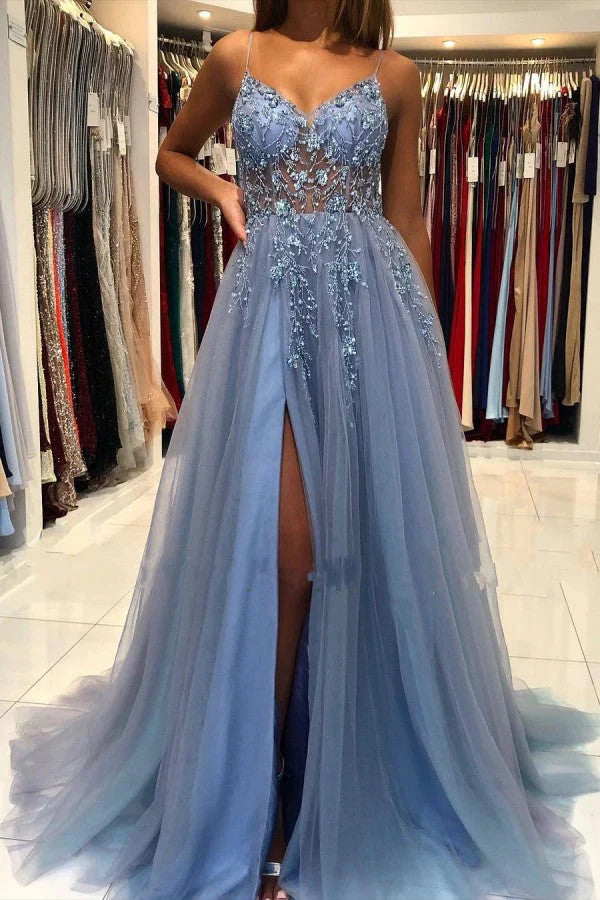 Gorgeous Grey Blue Spaghetti Straps Sequined A-Line Tulle Long Prom Dresses Formal Evening Gowns ED02425