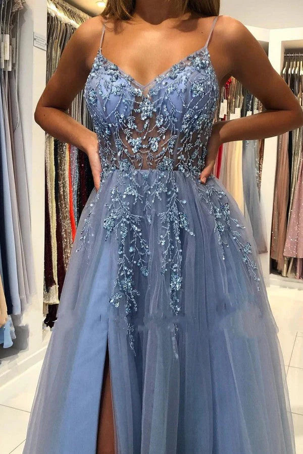 Gorgeous Grey Blue Spaghetti Straps Sequined A-Line Tulle Long Prom Dresses Formal Evening Gowns ED02425