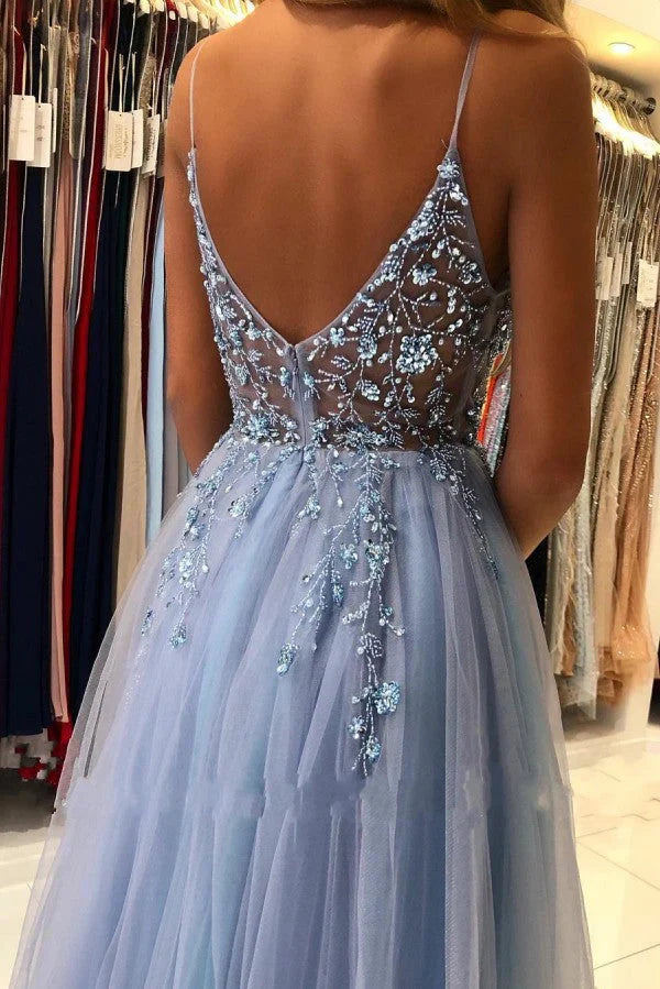 Gorgeous Grey Blue Spaghetti Straps Sequined A-Line Tulle Long Prom Dresses Formal Evening Gowns ED02425