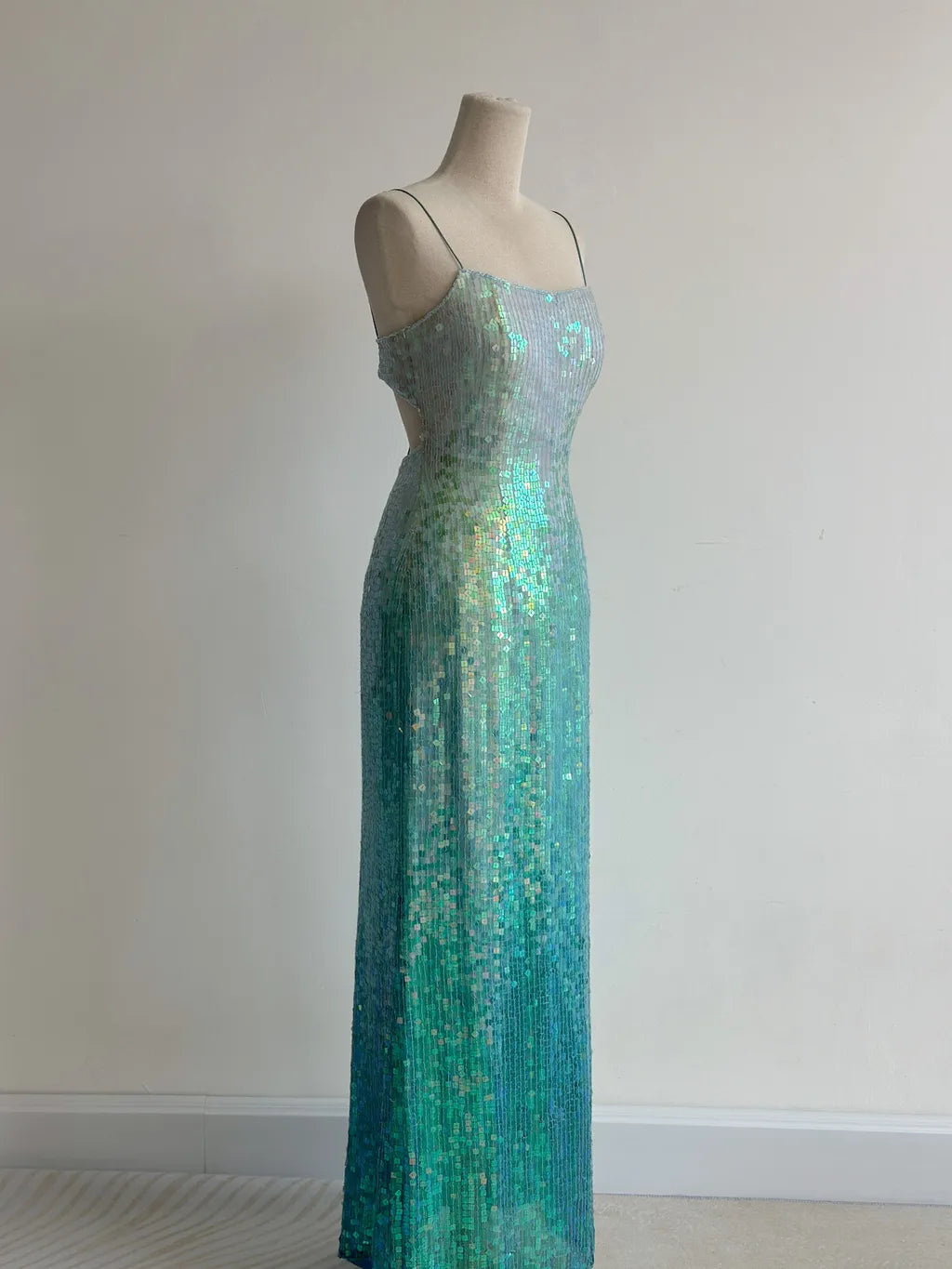 Gradient Jade Spaghetti Strap Sheath Sequins Prom Dresses Backless Evening Gowns HZ1024