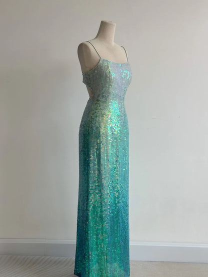 Gradient Jade Spaghetti Strap Sheath Sequins Prom Dresses Backless Evening Gowns HZ1024
