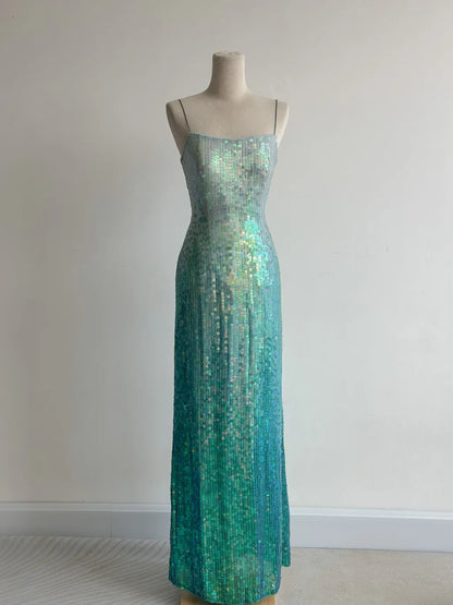 Gradient Jade Spaghetti Strap Sheath Sequins Prom Dresses Backless Evening Gowns HZ1024