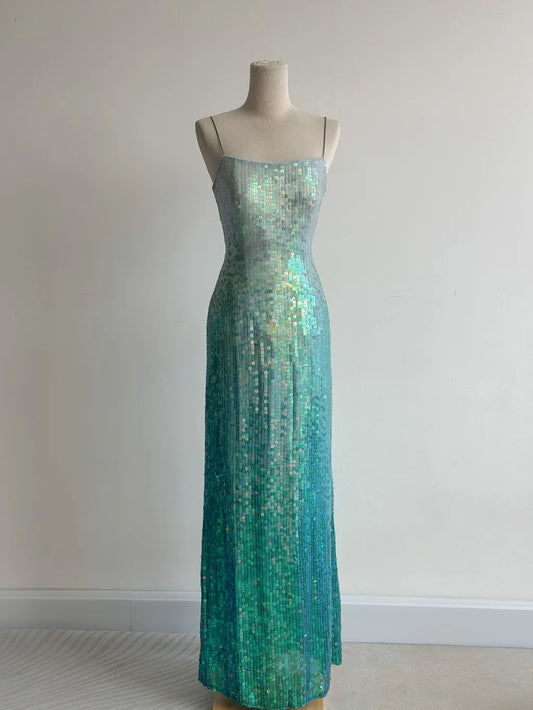 Gradient Jade Spaghetti Strap Sheath Sequins Prom Dresses Backless Evening Gowns HZ1024