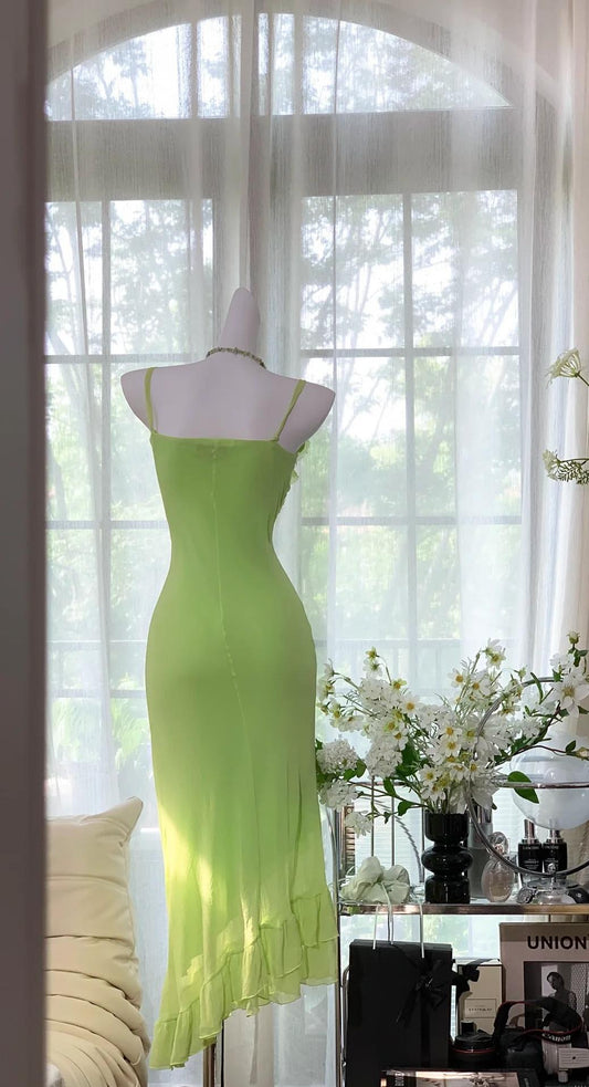 Bud Green Spaghetti Straps Sheath Chiffon Short Prom Dresses Vintage Evening Gowns HZ1024