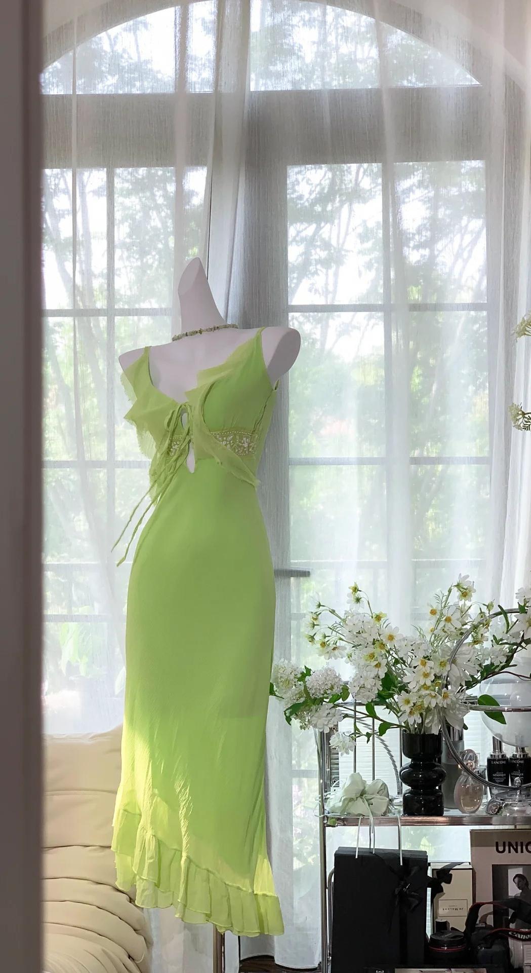 Bud Green Spaghetti Straps Sheath Chiffon Short Prom Dresses Vintage Evening Gowns HZ1024