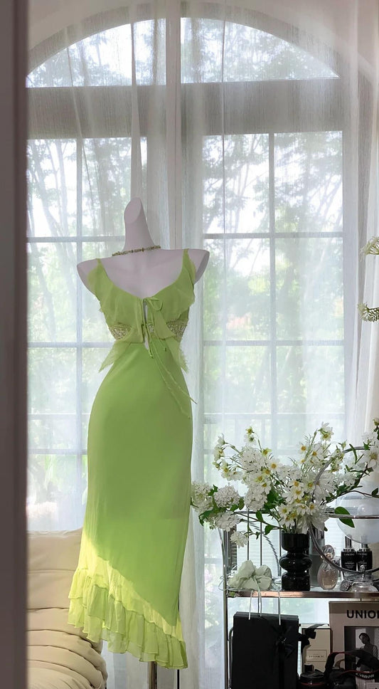 Bud Green Spaghetti Straps Sheath Chiffon Short Prom Dresses Vintage Evening Gowns HZ1024