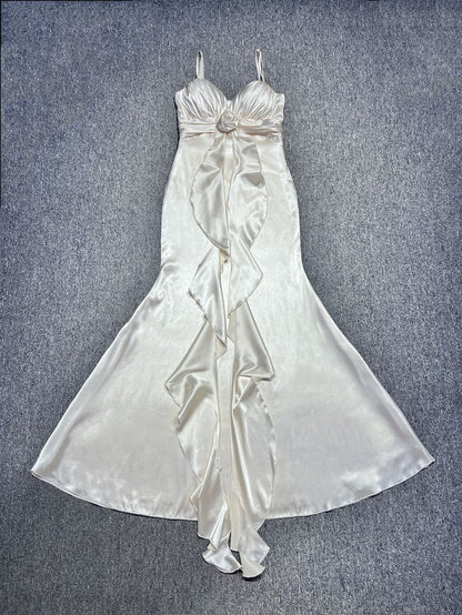 Elegant Off-White Mermaid Party Dress Spaghetti Straps Satin Prom Dresses ED02430