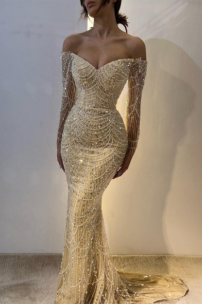 Yellow Off Shoulder Mermaid Long Sleeve Beaded Prom Dresses Fashion Evening Dress HZ1024