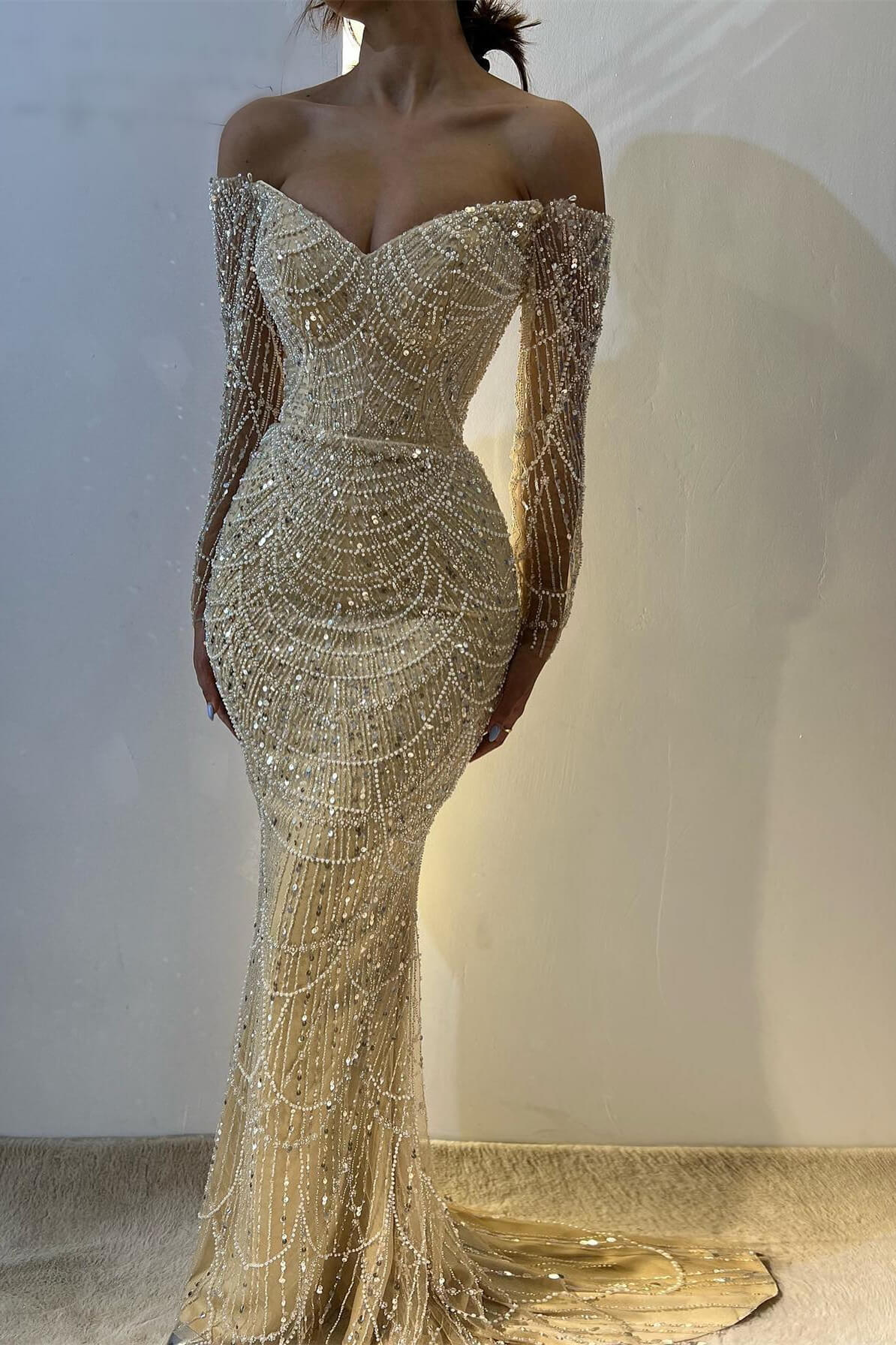 Yellow Off Shoulder Mermaid Long Sleeve Beaded Prom Dresses Fashion Evening Dress HZ1024
