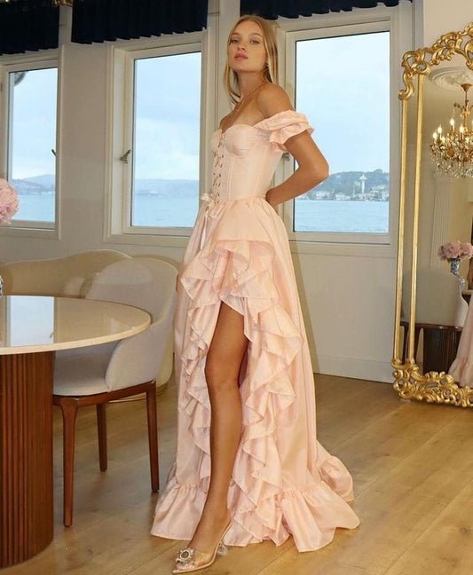 Sweet Blush Pink Off-the-shoulder A-Line Chiffon Satin Prom Dresses Evening Gowns with Slits ED02433