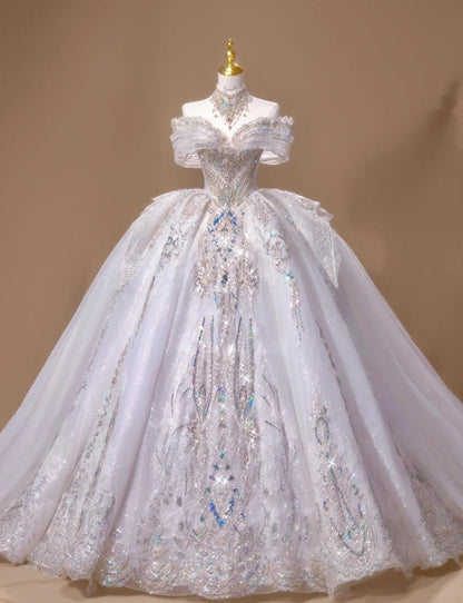 Off-the-shoulder A-Line Tulle Beaded Train Wedding Dress HZ1024