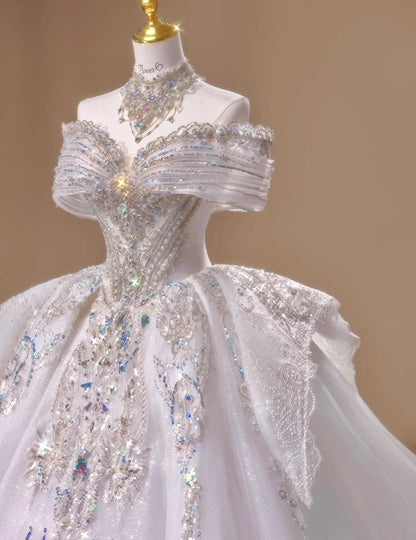 Off-the-shoulder A-Line Tulle Beaded Train Wedding Dress HZ1024