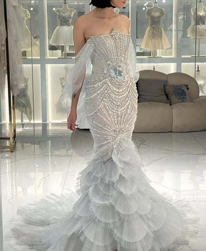 Elegant Grey Strapless Mermaid Tulle Beaded Gorgeous Train Wedding Dress ED02437