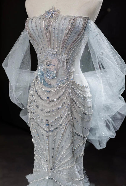 Grey Strapless Mermaid Tulle Beaded Gorgeous Train Wedding Dress HZ1024