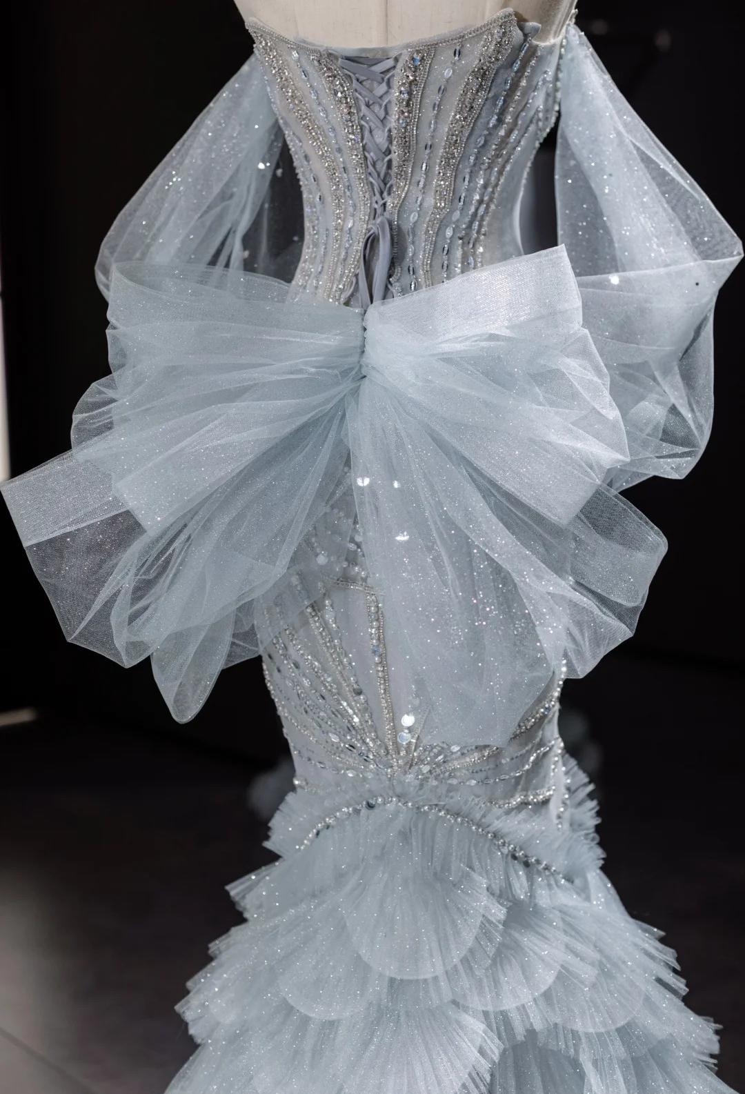 Elegant Grey Strapless Mermaid Tulle Beaded Gorgeous Train Wedding Dress ED02437