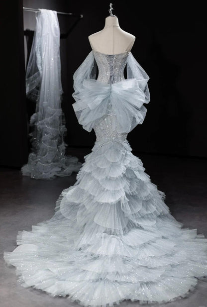 Elegant Grey Strapless Mermaid Tulle Beaded Gorgeous Train Wedding Dress ED02437