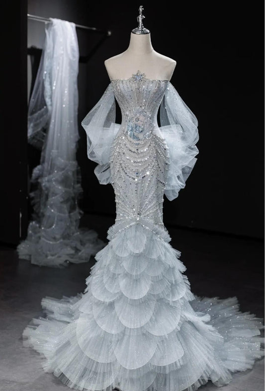 Elegant Grey Strapless Mermaid Tulle Beaded Gorgeous Train Wedding Dress ED02437