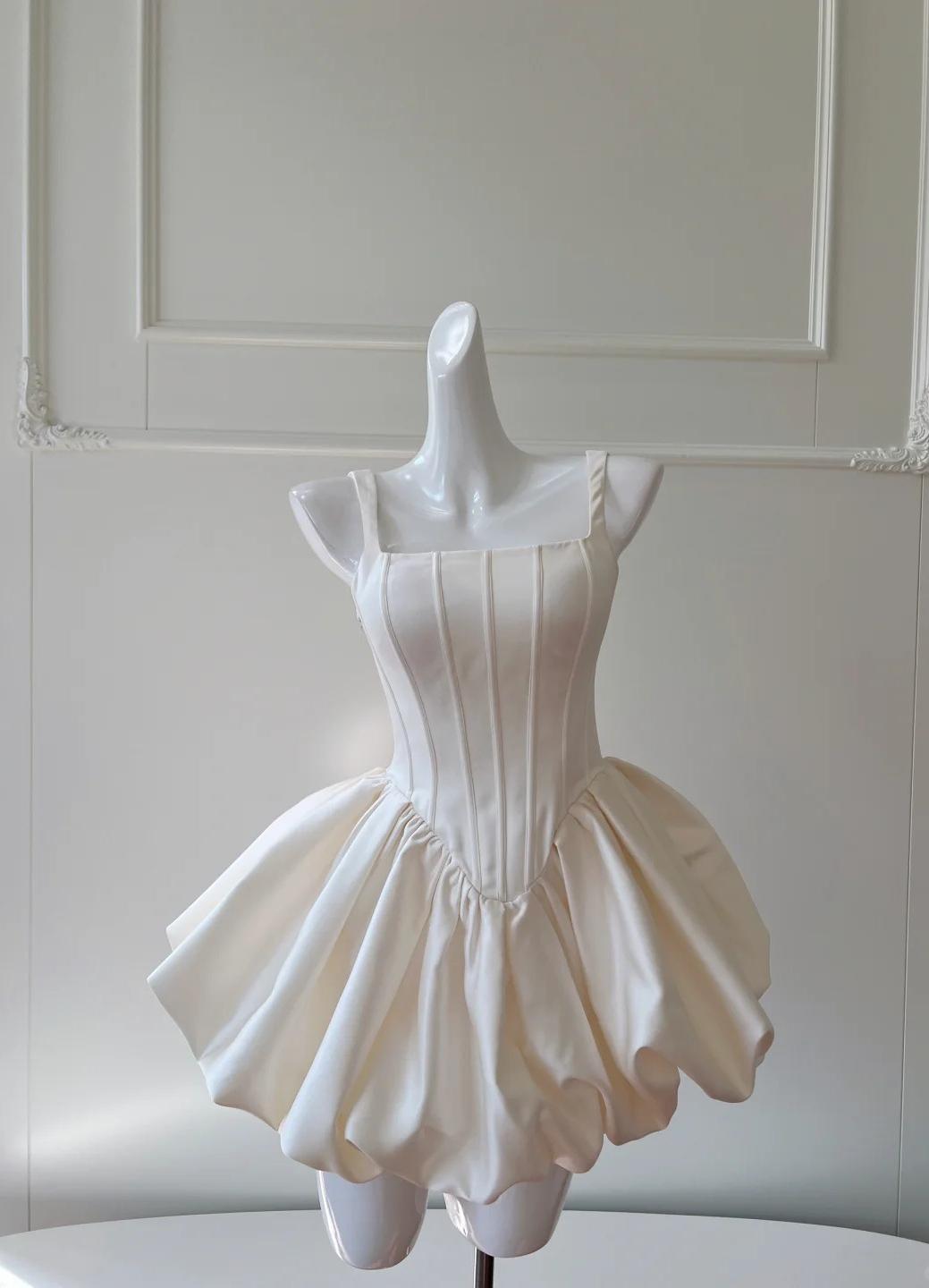 Cream White Square Neck A-Line Satin Short Prom Dress, Homecoming Dress HZ1024