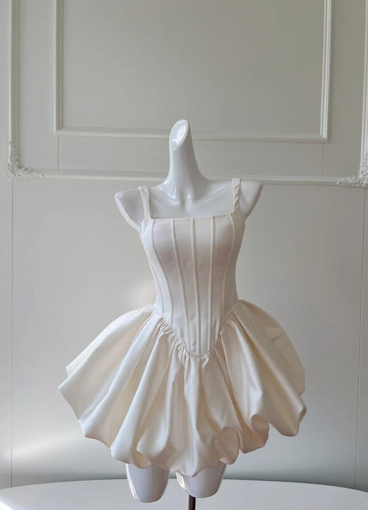 Cute Cream White Square Neck A-Line Satin Short Prom Dress, Homecoming Dress ED02438